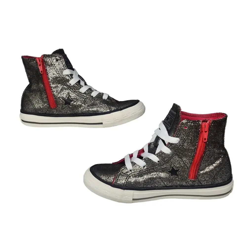 Converse All Star Shoes Juniors 13 Silver Metallic Shiny High Tops Hot Pink Zip